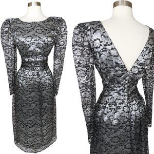 Vintage 80s Black Metallic Silver Lace Long Sleeve Cocktail Party Prom Dress XS